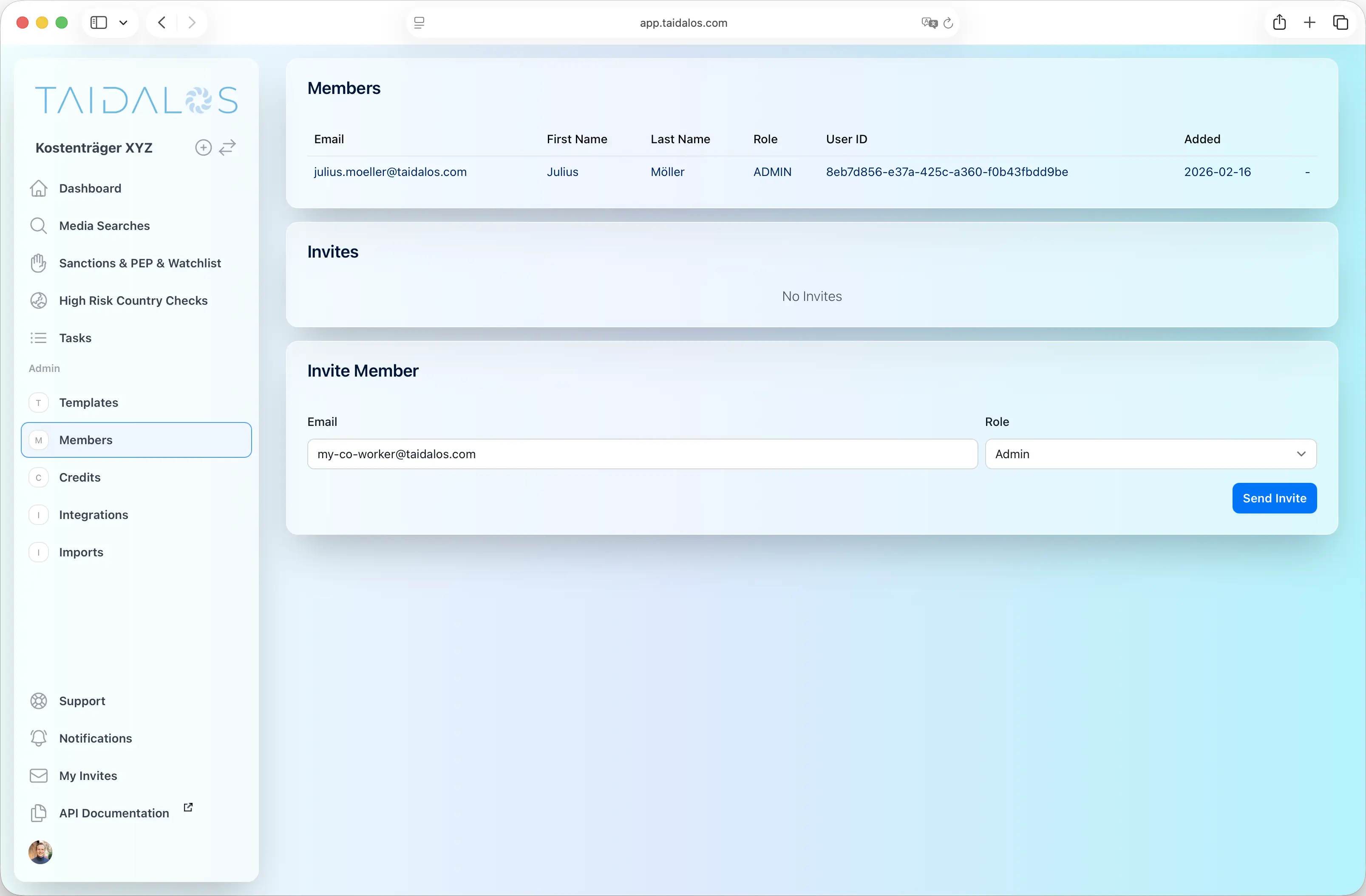 Screenshot of the invite feature