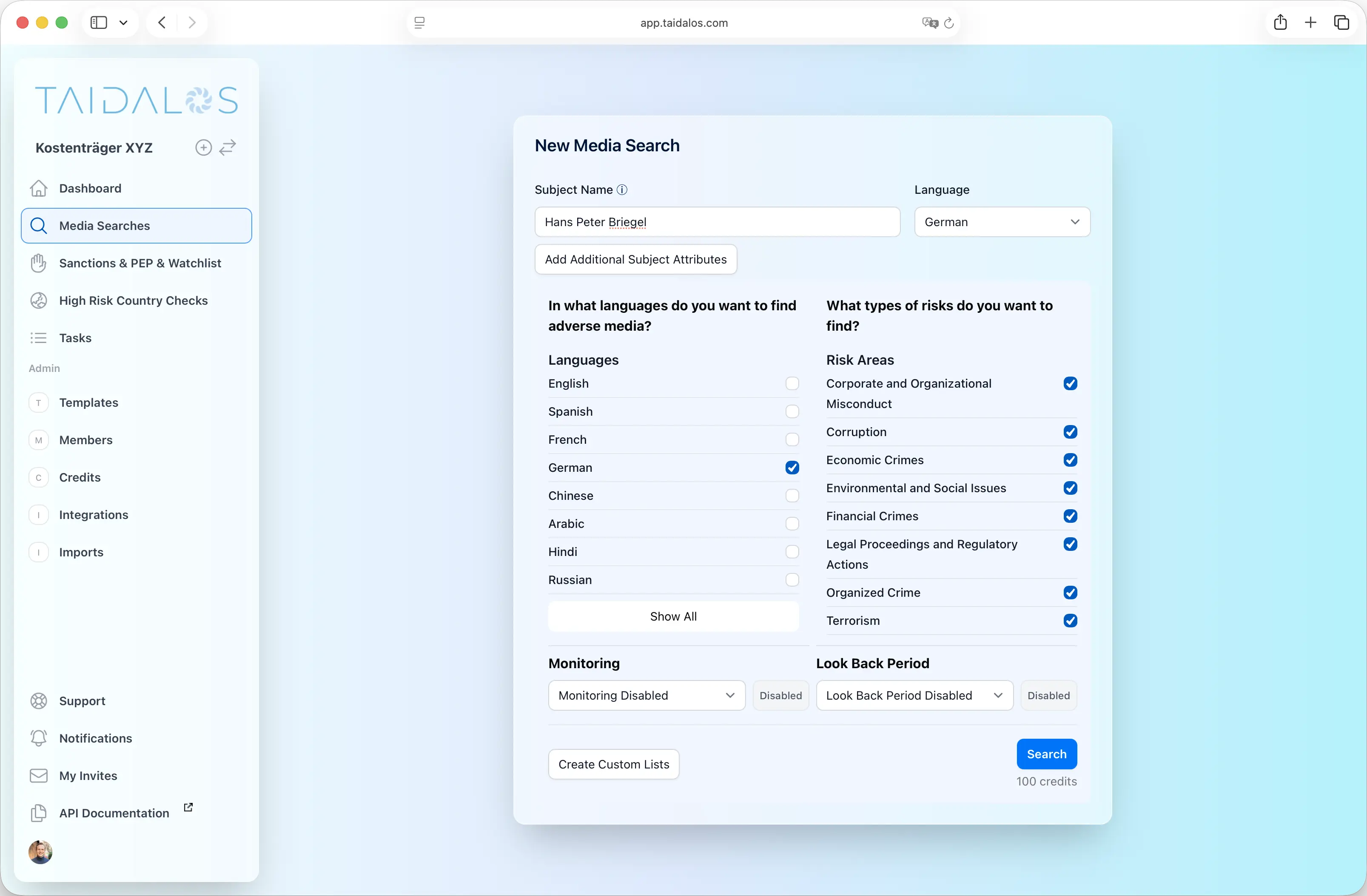 Screenshot of search settings